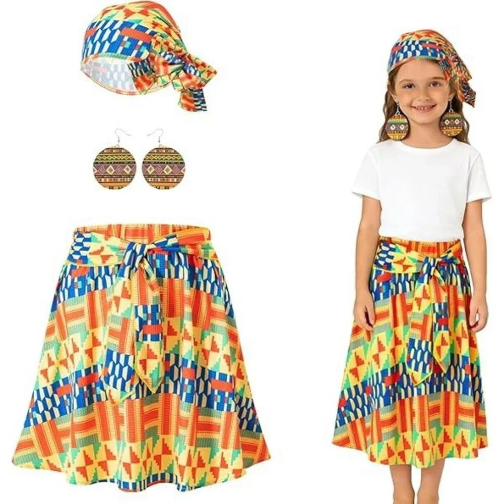 QIKUBI Girls African Dashiki Outfit, Bohemian Headband & Earrings, Yellow 10-11Y